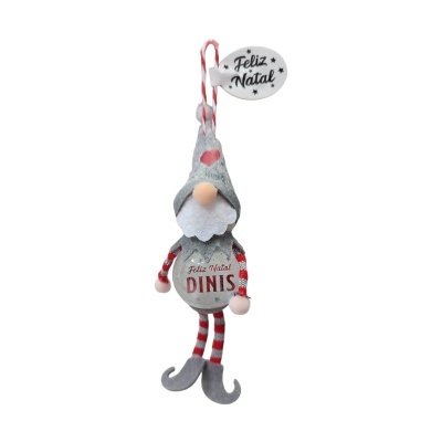 Figura decorativa de duende natalício com laço e mensagens de Feliz Natal.