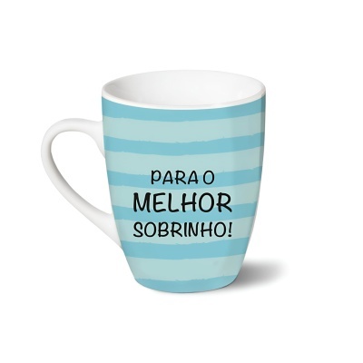 Caneca azul claro com riscas horizontais e texto negro
