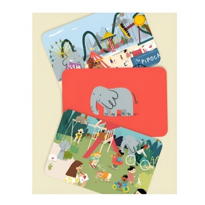 Três cartões ilustrados coloridos com cenas de parque e elefante