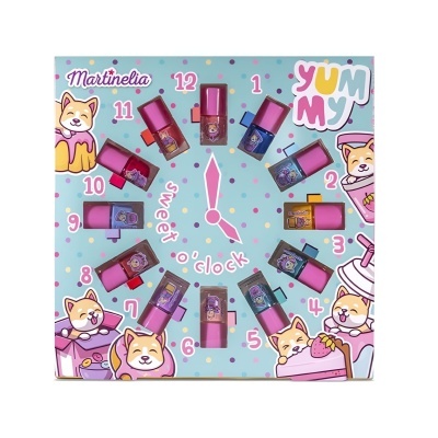 Conjunto de vernizes coloridos dispostos como um relógio com desenhos de cães e fundo azul