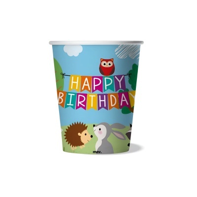 Copo descartável de papel para festa com design colorido e texto HAPPY BIRTHDAY