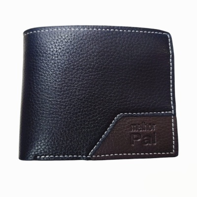 Carteira masculina preta com detalhe em couro castanho e texto 'melhor Pai'