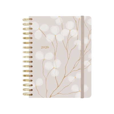 Agenda 2026 capa dura cinza com flores brancas e espiral dourado