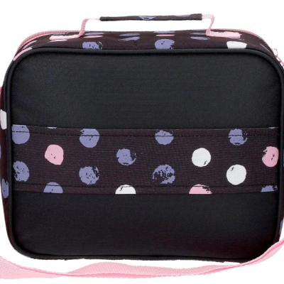 Mala de ombro preta com padrão de círculos cor-de-rosa e roxos e alça rosa