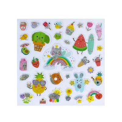 Folha de autocolantes 3D coloridos com glitter e desenhos variados.