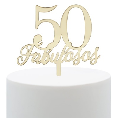 Topo de bolo dourado 50 Fabulosos num bolo branco