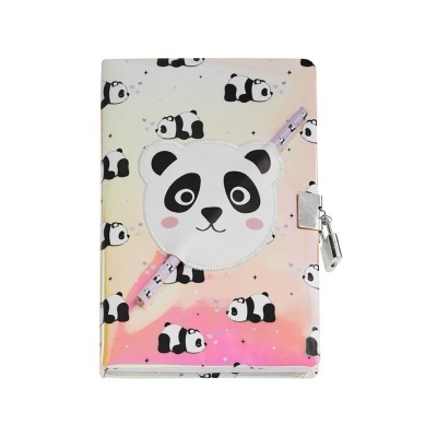 Caderno lilás e rosa com padrão de pandas e fecho com cadeado