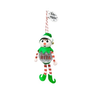 Boneco decorativo de Natal com fato listrado vermelho e branco e sapatos verdes