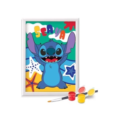 Quadro para pintar com personagem Stitch e pincel com tintas