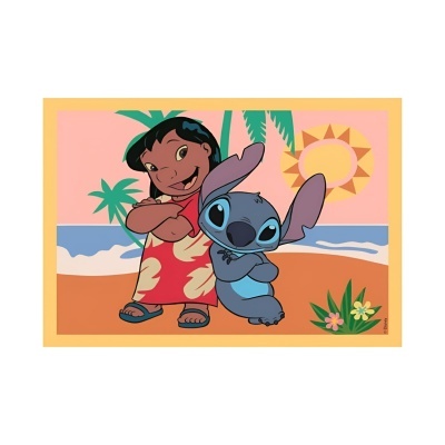 Desenho colorido de Lilo e Stitch na praia com palmeiras e sol