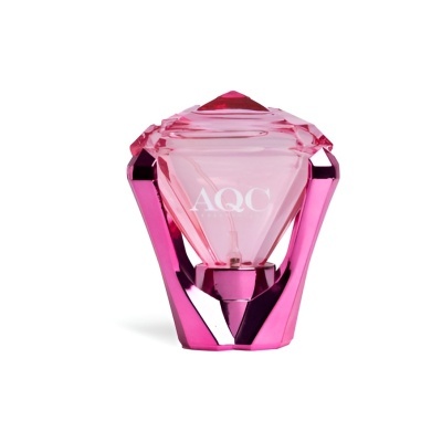 Frasco de perfume cor-de-rosa facetado com suporte metálico rosa brilhante