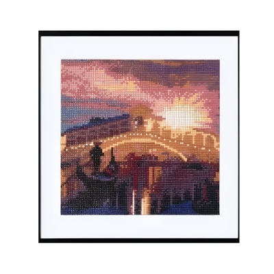 quadro decorativo com imagem pixelada de paisagem urbana ao pôr do sol
