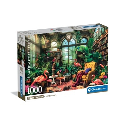 Caixa de puzzle de 1000 peças com imagem de sala interior e flamingos.