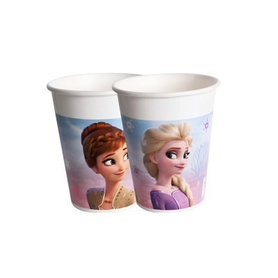 Copos de papel com personagens Anna e Elsa do Frozen