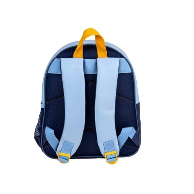 Mochila infantil azul escuro com alças azuis claras e detalhes amarelos vista de trás
