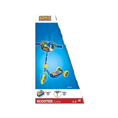 Trotinete infantil azul e amarelo com imagens do Sonic para idades 2-5 anos