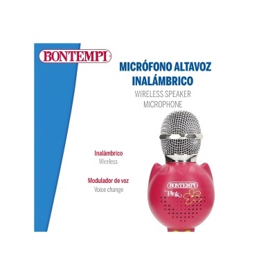 microfone altavoz sem fios rosa com grelha metálica prateada e texto promocional