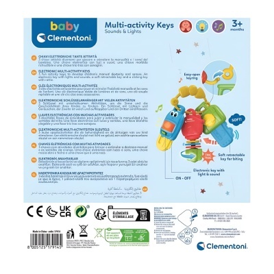 Embalagem de brinquedo para bebé Multi-activity Keys da Clementoni com imagens de teclas coloridas.