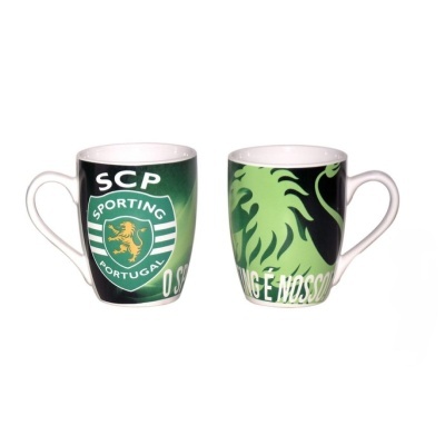 Canecas Sporting Portugal com símbolo SCP e leão verde com texto