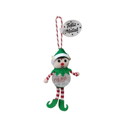 Boneco duende de Natal com corpo transparente e texto Feliz Natal FILHO ESPECIAL.