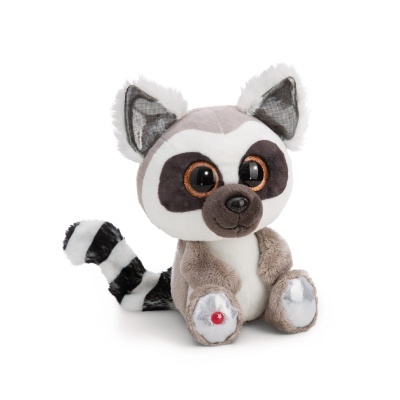 Pelúcia de lémure cinza, branco e preto com olhos grandes e patas prateadas