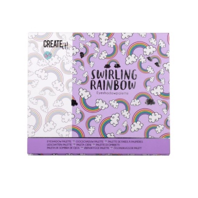 Palete de sombras SWIRLING RAINBOW com embalagem lilás e branca decorada com arco-íris e nuvens
