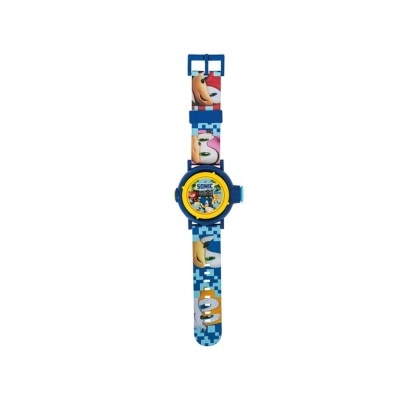 Relógio infantil azul com personagens Sonic e padrão pixelado
