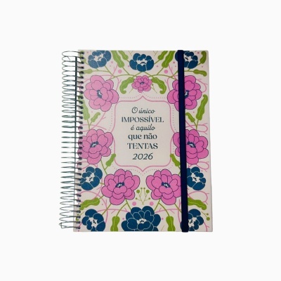 Caderno espiral com capa floral e texto motivacional em português