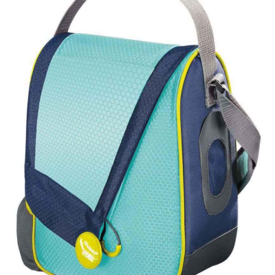 mala térmica azul-turquesa com padrão hexagonal e detalhes amarelos e azul-escuros