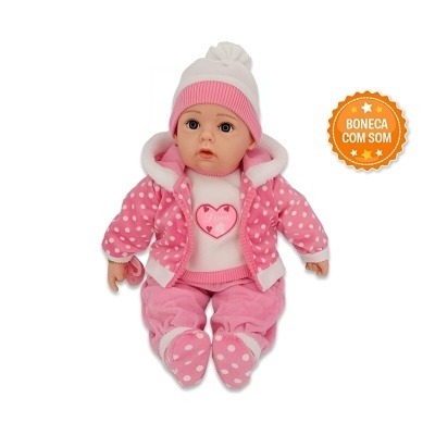 Boneca vestida de rosa e branco com selo boneca com som