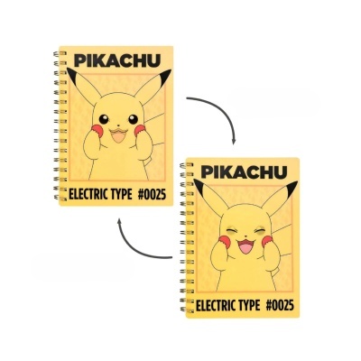Dois cadernos amarelos com Pikachu e texto PIKACHU ELECTRIC TYPE #0025