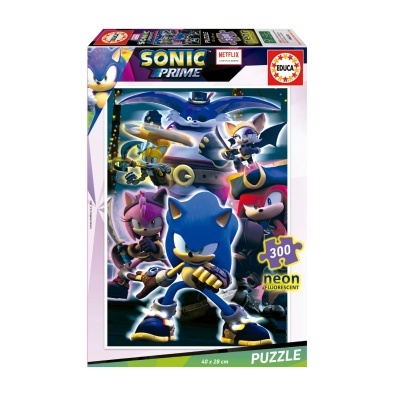 Caixa de puzzle temático Sonic Prime com 300 peças neon fluorescentes.