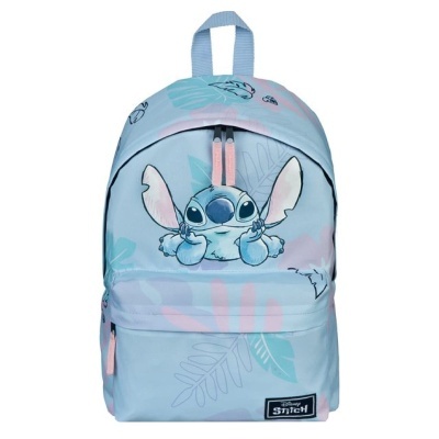 mochila azul clara com estampa do Stitch e folhas, com zíper rosa