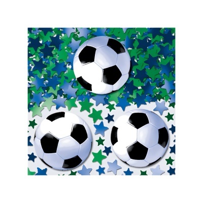 Três bolas de futebol preto e branco sobre confetes em forma de estrelas verdes e azuis