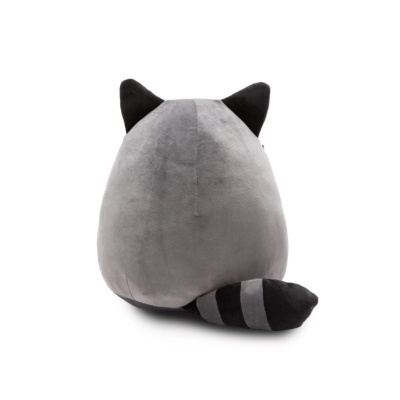 Almofada decorativa em forma de guaxinim cinzento e preto vista de traseira