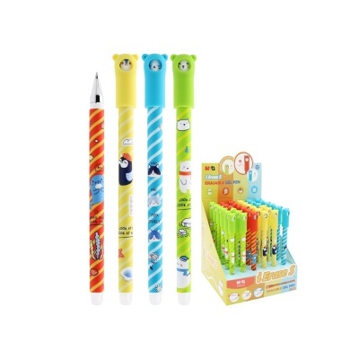 Esferográficas coloridas com tampas de animais e suporte de exposição