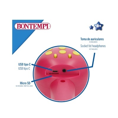 Brinquedo cor-de-rosa com botões amarelos e várias entradas para USB, Micro SD e auriculares.
