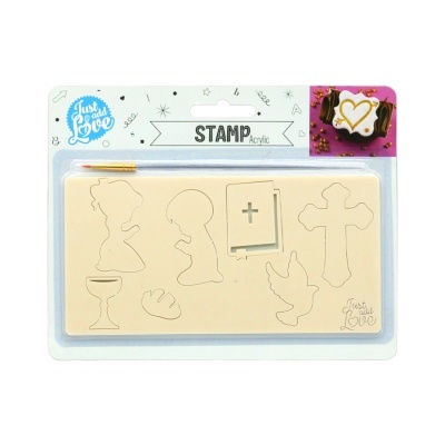 Conjunto de carimbos acrílicos religiosos creme com pincel em embalagem transparente