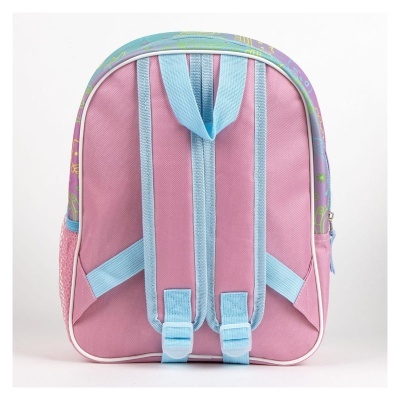Mochila rosa com alças azuis e laterais lilás com desenhos coloridos