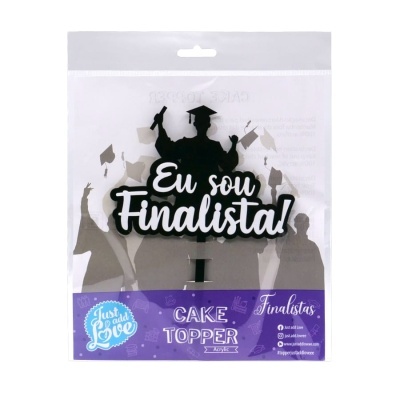 Topo de bolo acrílico preto Eu sou Finalista! na embalagem com fundo roxo