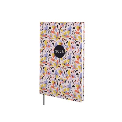 Agendário 2026 colorido com padrão abstrato e marcador de fita