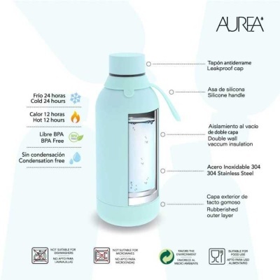 Garrafa térmica azul claro AUREA com tampa e asa de silicone, aço inoxidável e isolamento a vácuo