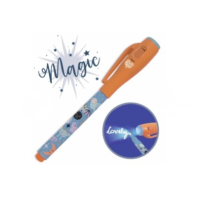 Caneta de projeção decorada com temática espacial em azul e laranja