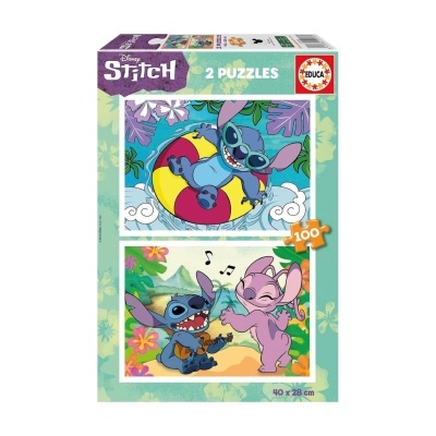 Embalagem de puzzles Disney Stitch com duas imagens coloridas, 100 peças, 40 x 28 cm.