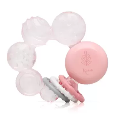 Mordedor infantil rosa e transparente com texturas variadas e anéis coloridos