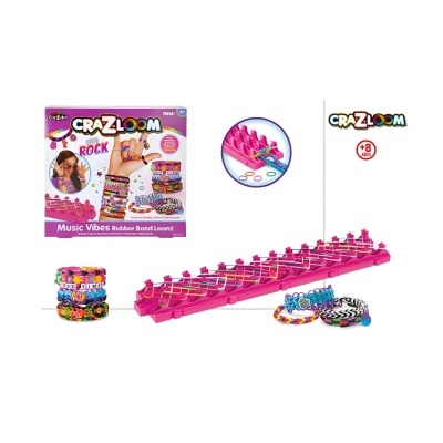 Conjunto Cra-Z-Loom Music Vibes com suporte rosa e pulseiras coloridas feitas com elásticos.
