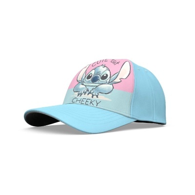 Boné azul claro com painel rosa e personagem de desenho animado e texto