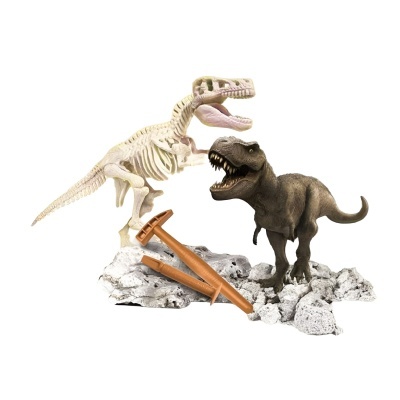 Duas figuras de dinossauros, esqueleto e dinossauro castanho, com base rochosa e moldes laranja.