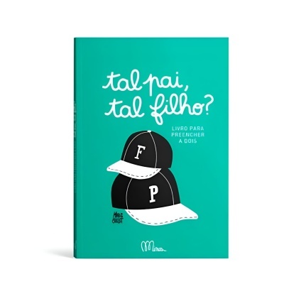 Livro verde com título 'tal pai, tal filho?' e ilustração de dois bonés pretos e brancos