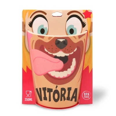 Copo plástico infantil com design de rosto de animal colorido e nome VITÓRIA